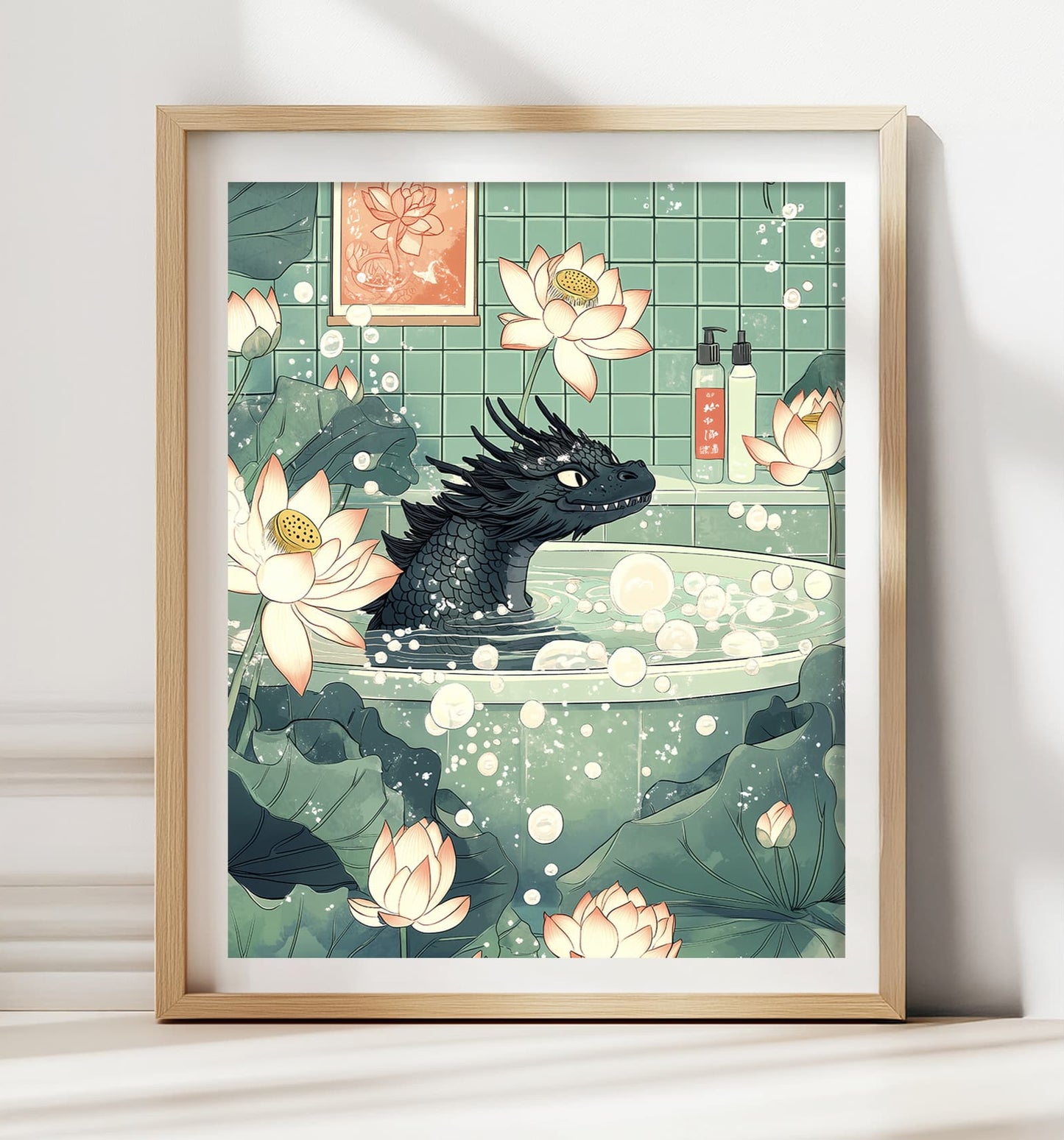 Black Japanese dragon soaking in a minimalist bathtub