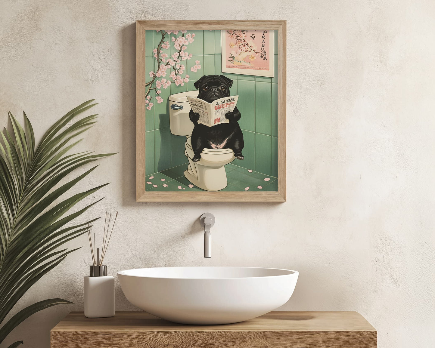 Quirky Japandi-style dog print for bathroom wall decor