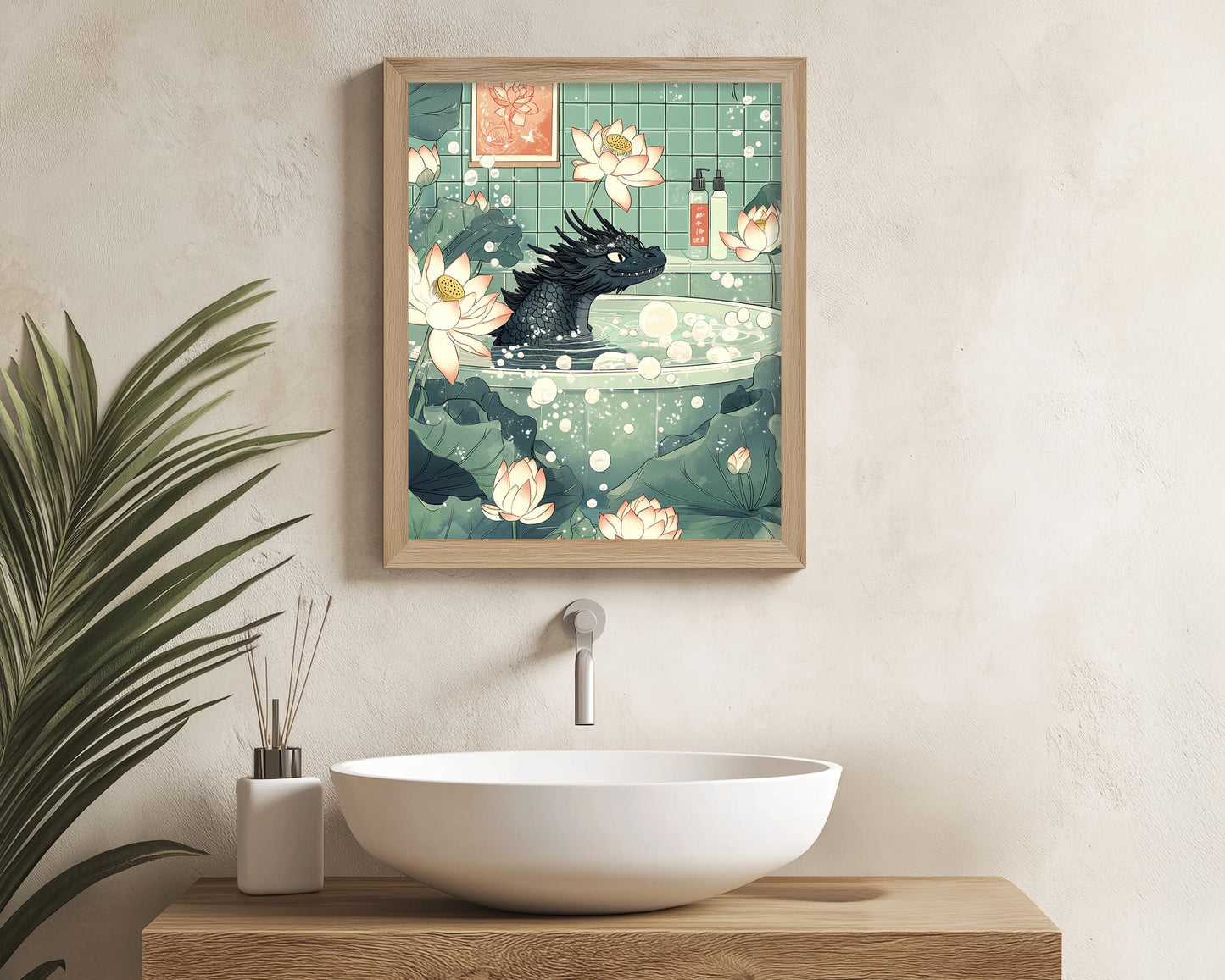 Japandi bathroom poster with Japanese dragon art