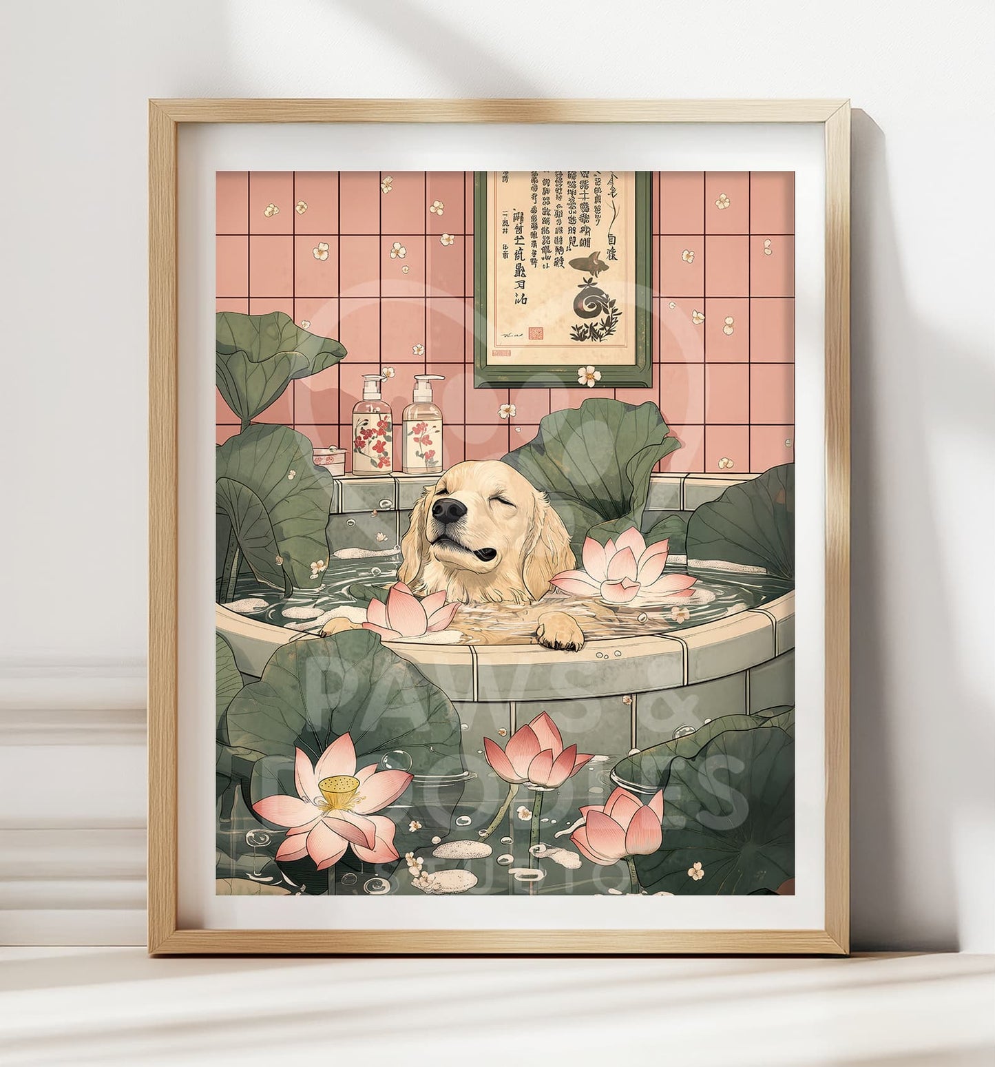 Golden retriever soaking in Japanese style bath