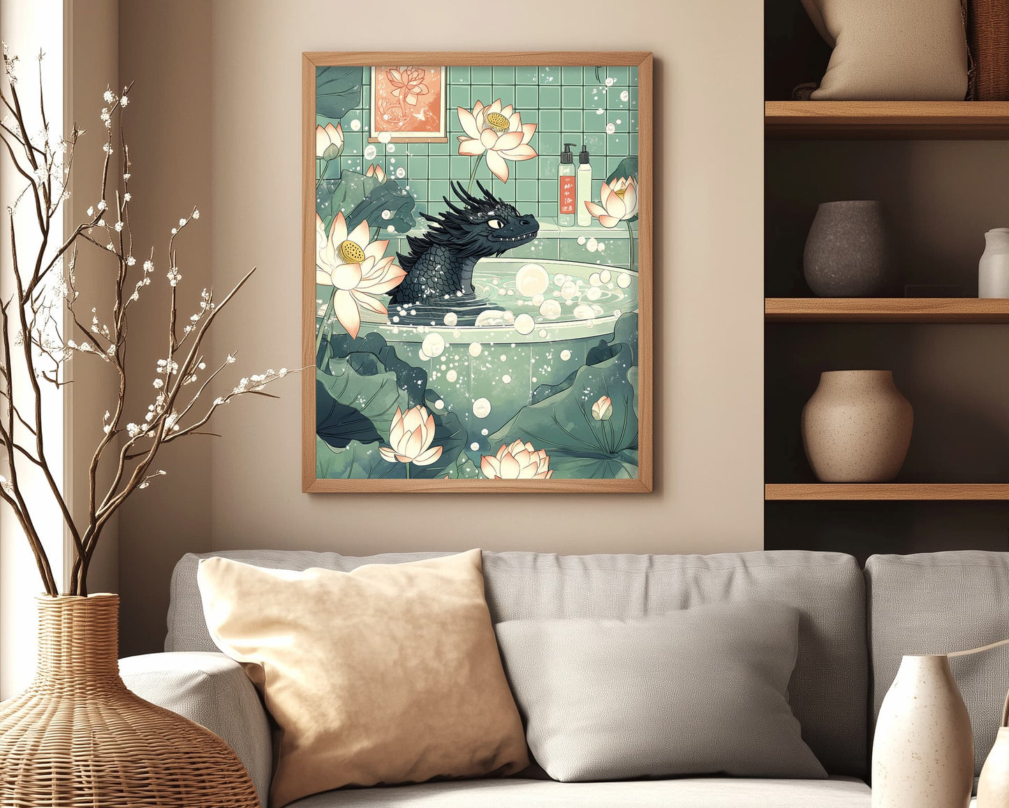 Quirky wall art of dragon relaxing in Japanese bath