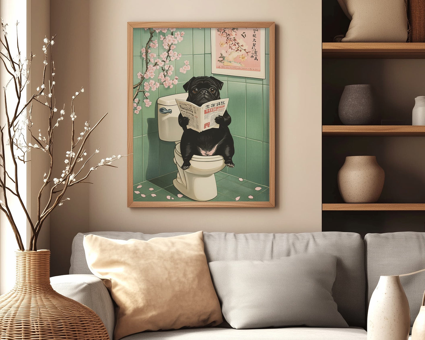 Pug reading on toilet in minimalist Japanese art style