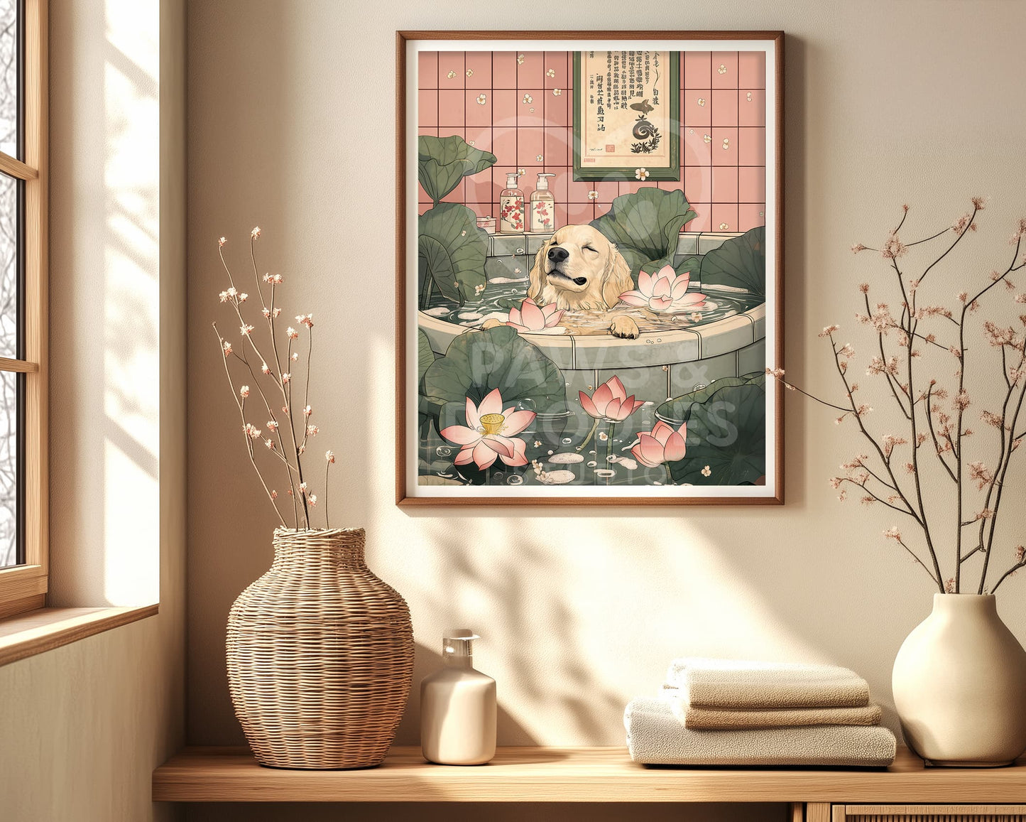 Cute golden retriever dog in bathtub poster