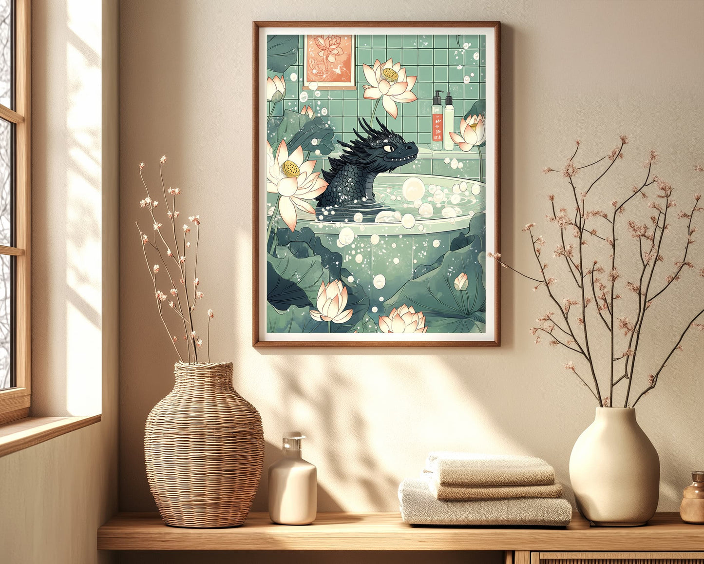 Ukiyo-e style dragon print for Japandi bathroom decor