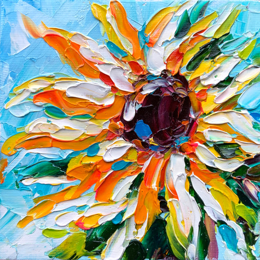 colorful sunflower painting impasto original floral art vibrant textured flower yellow blue