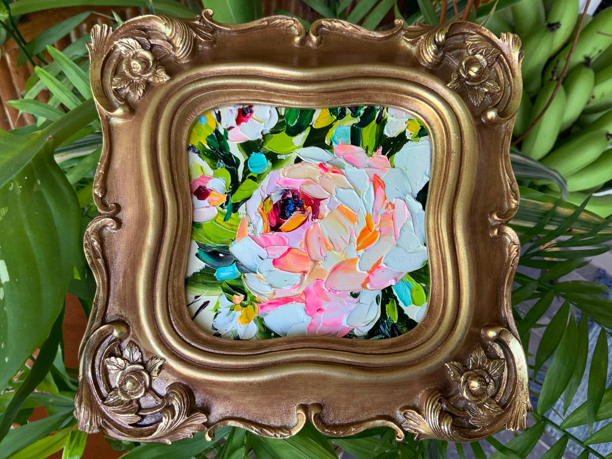 pink impasto rose painting in gold vintage frame