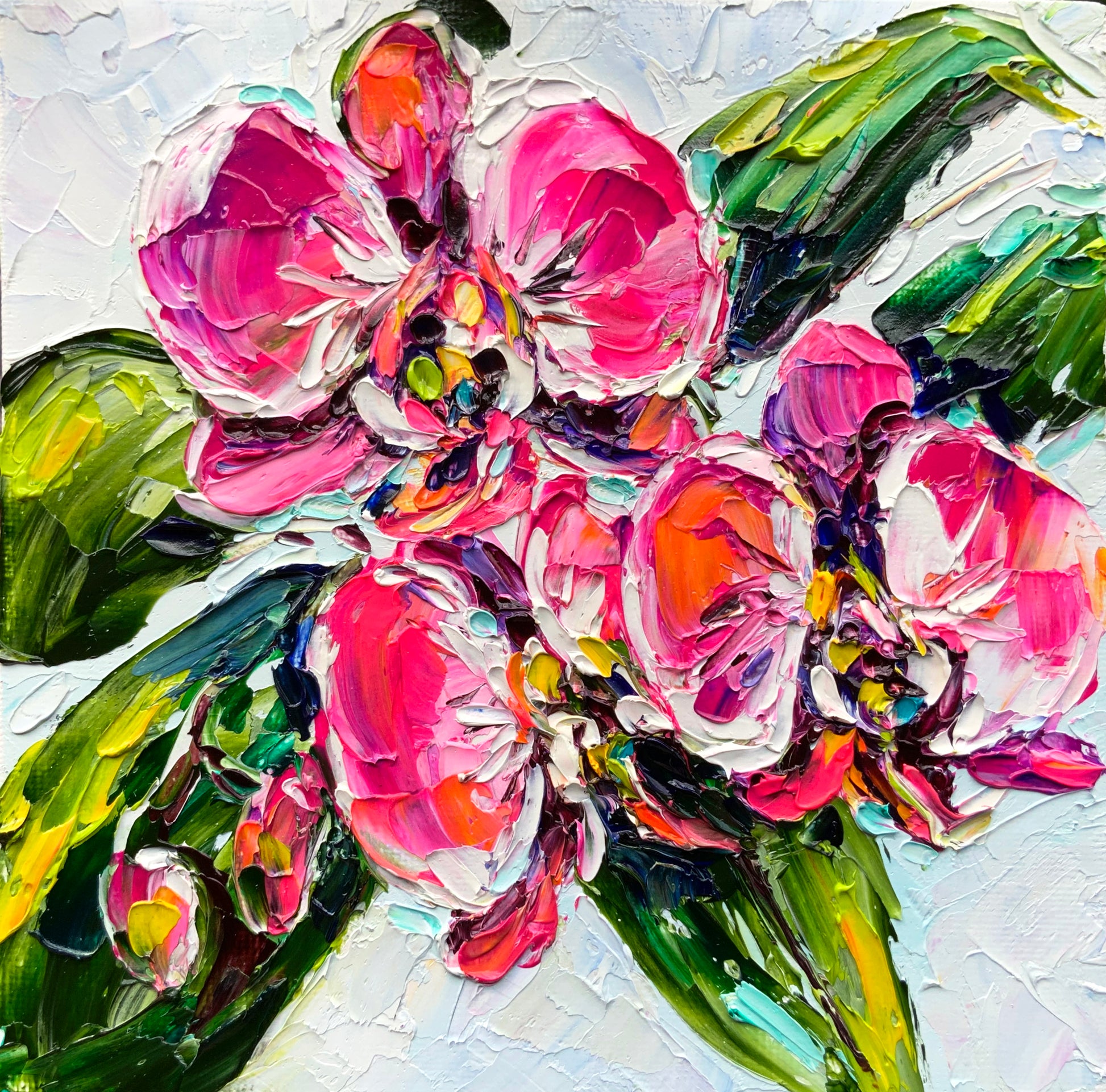 Bright Pink Orchid Original Impasto Painting 3D Floral Art on Small Canvas