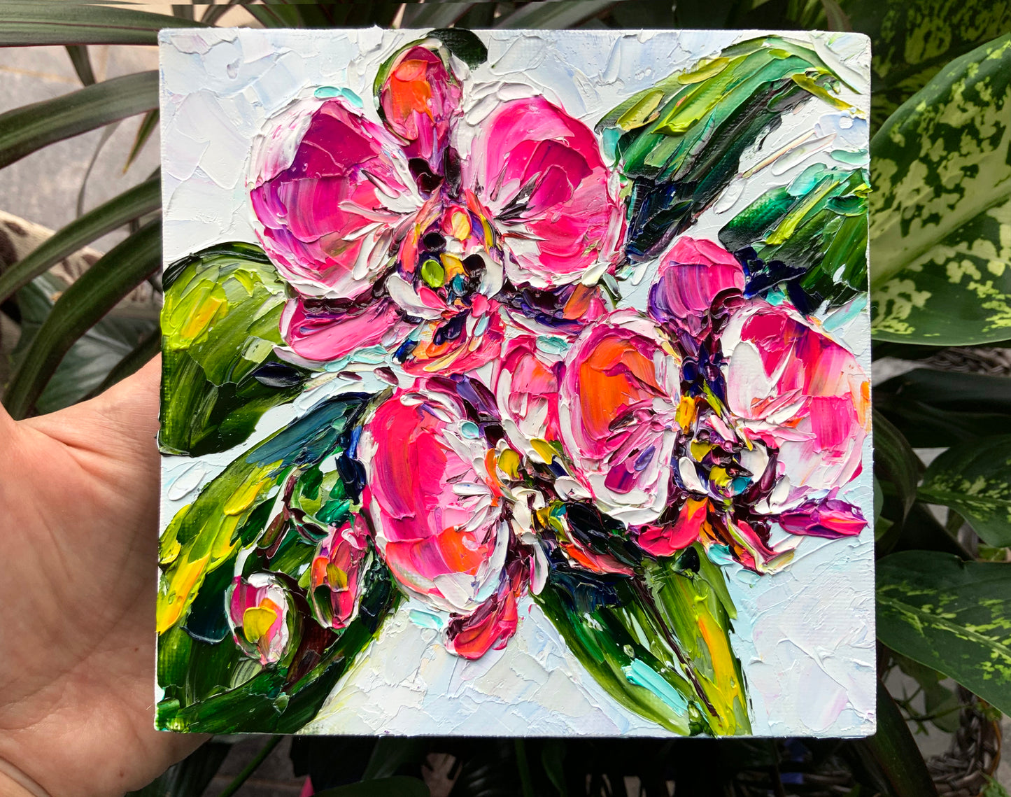 vibrant orchids oil impasto painting original colorful textured art small 3D