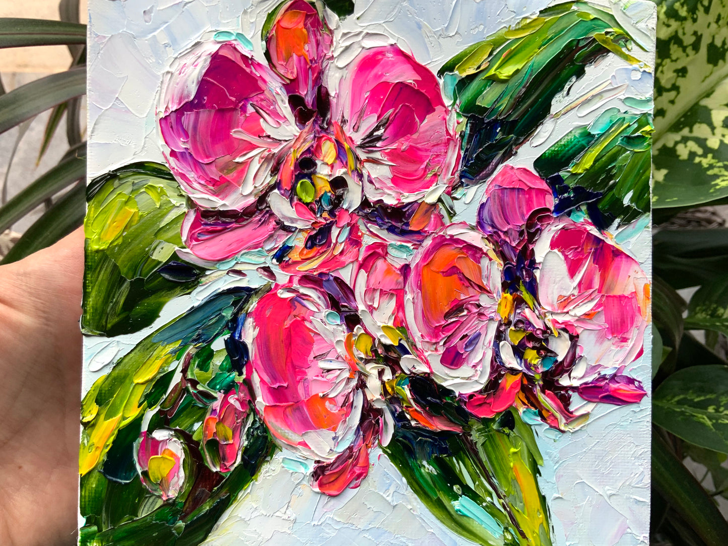 bright pink orchids painting on canvas original impasto textured flower