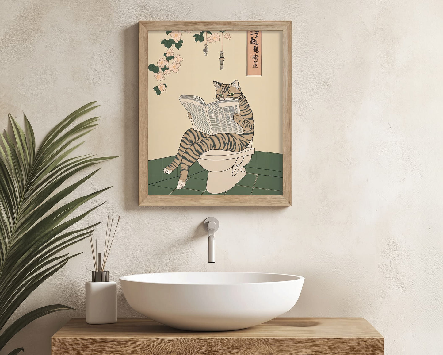 Cat lover gift print with Japanese bathroom vibe