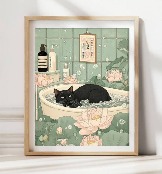 Black cat relaxing in bathtub Japanese poster
