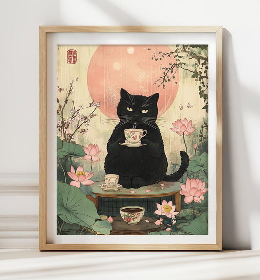 Japanese black cat drinking coffee in minimalist art print