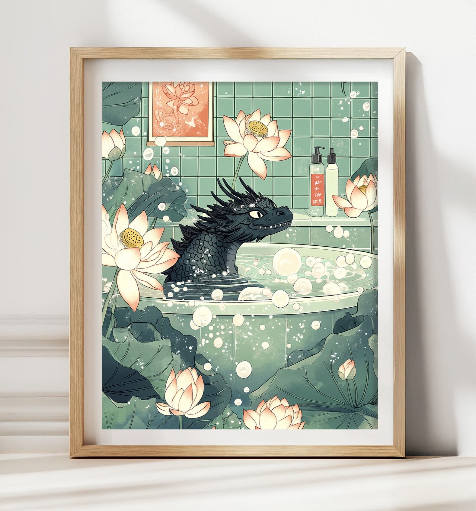 Black Japanese dragon soaking in a minimalist bathtub