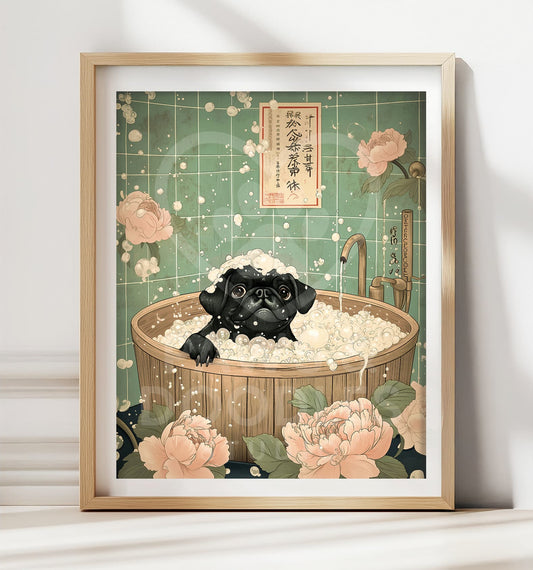 Black pug in vintage Japanese bath poster