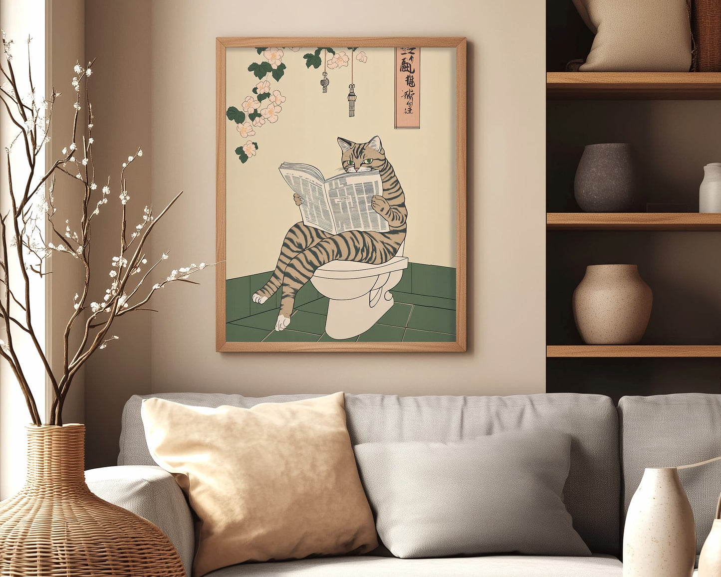 Japanese tabby cat on toilet quirky wall decor