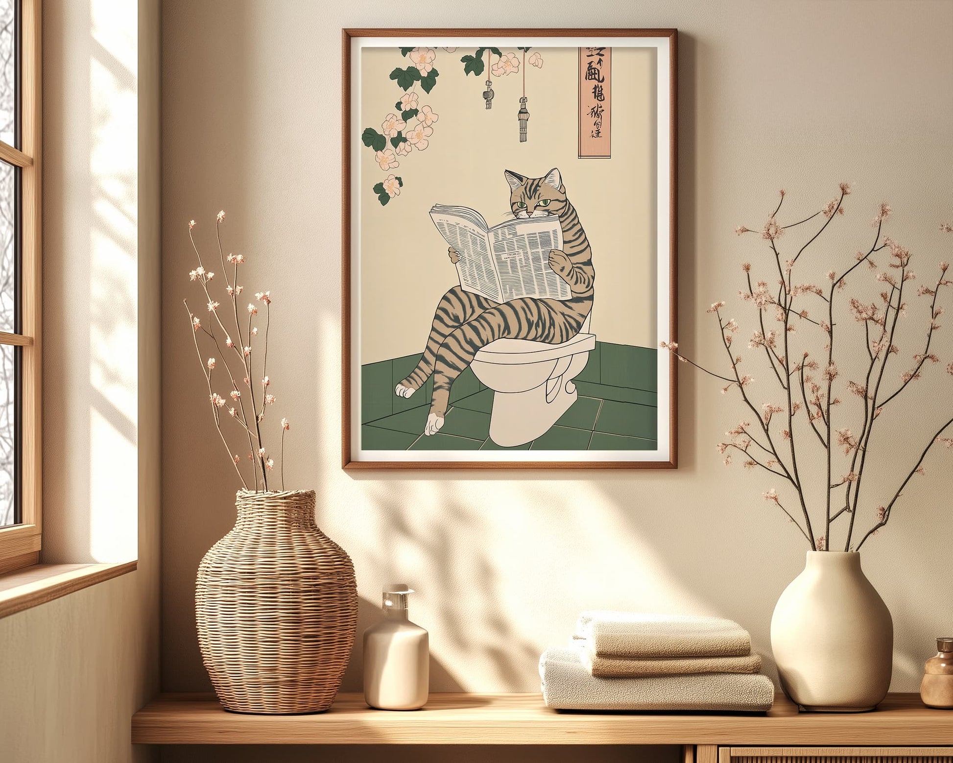 Neutral toilet poster of tabby cat for bathroom wall