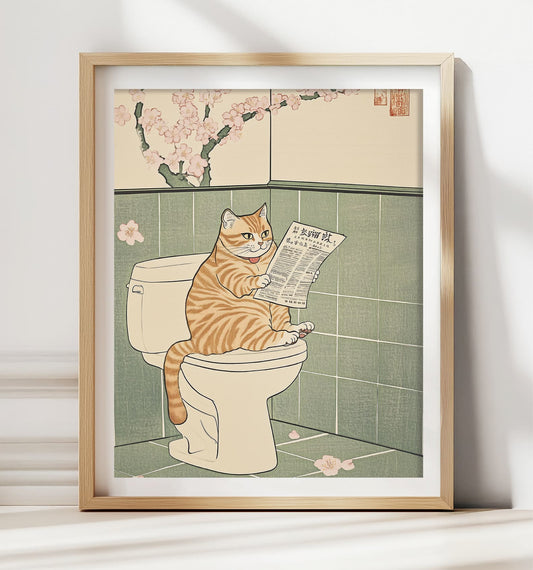Funny cat on toilet Japanese bathroom wall art