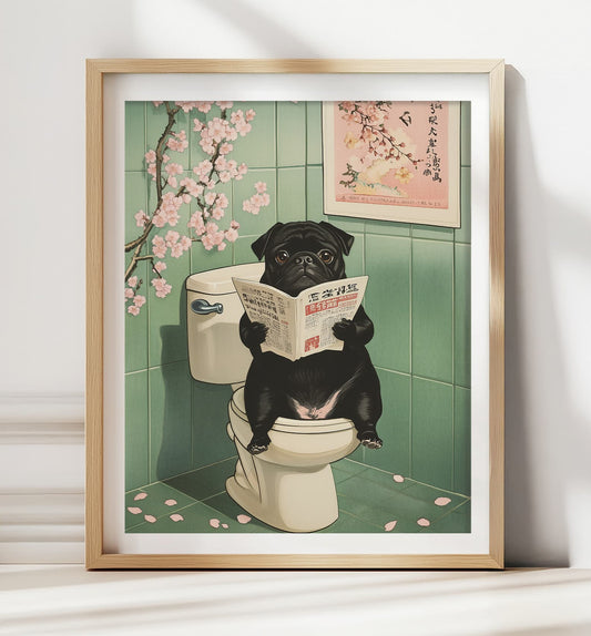 Black pug on toilet in funny Japanese bathroom art print