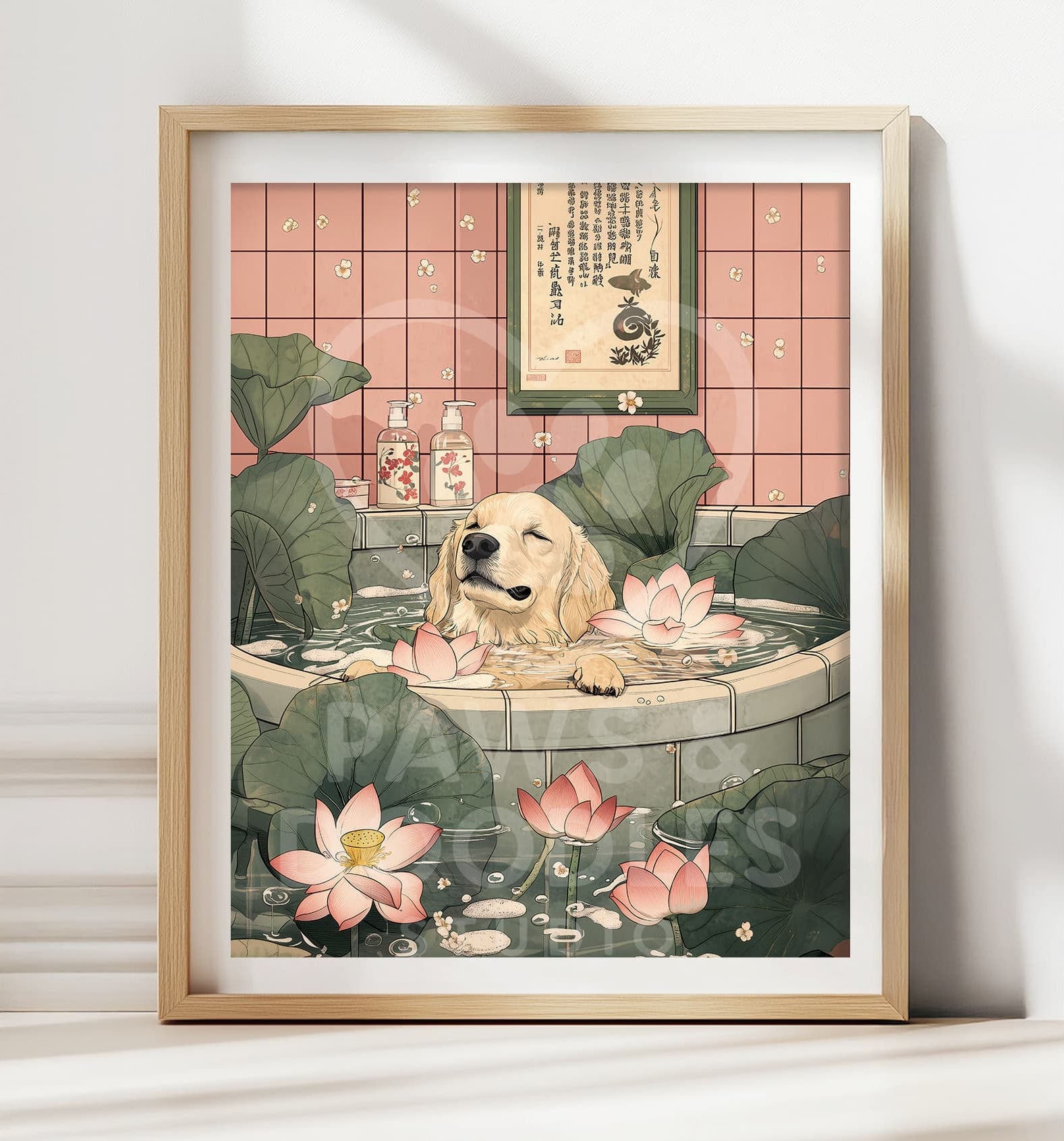 Golden retriever soaking in Japanese style bath
