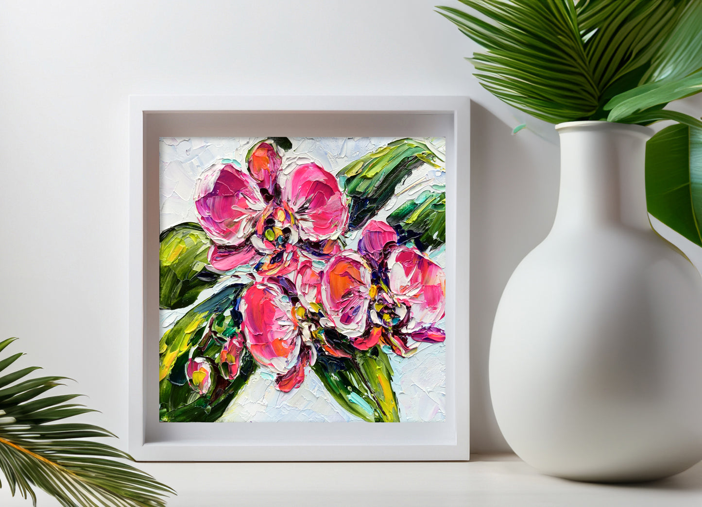 vibrant bright pink orchids original painting impasto oil in white frame