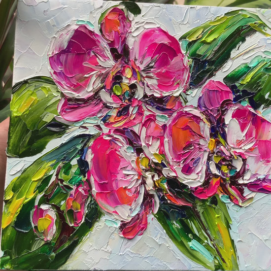 bright pink orchid original impasto painting textured art vibrant handmade painting