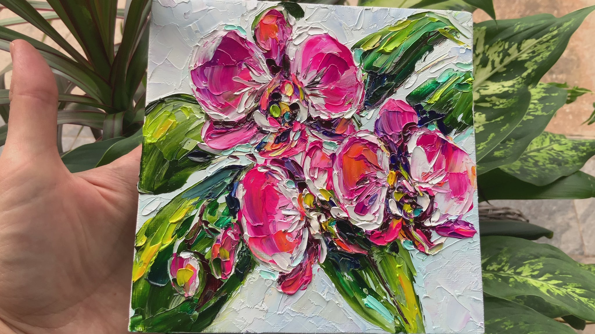 bright pink orchid original impasto painting textured art vibrant handmade painting