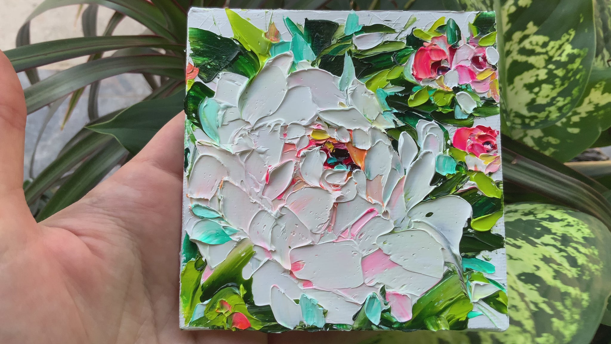 white pink peonies painting impasto original floral art small canvas handmade