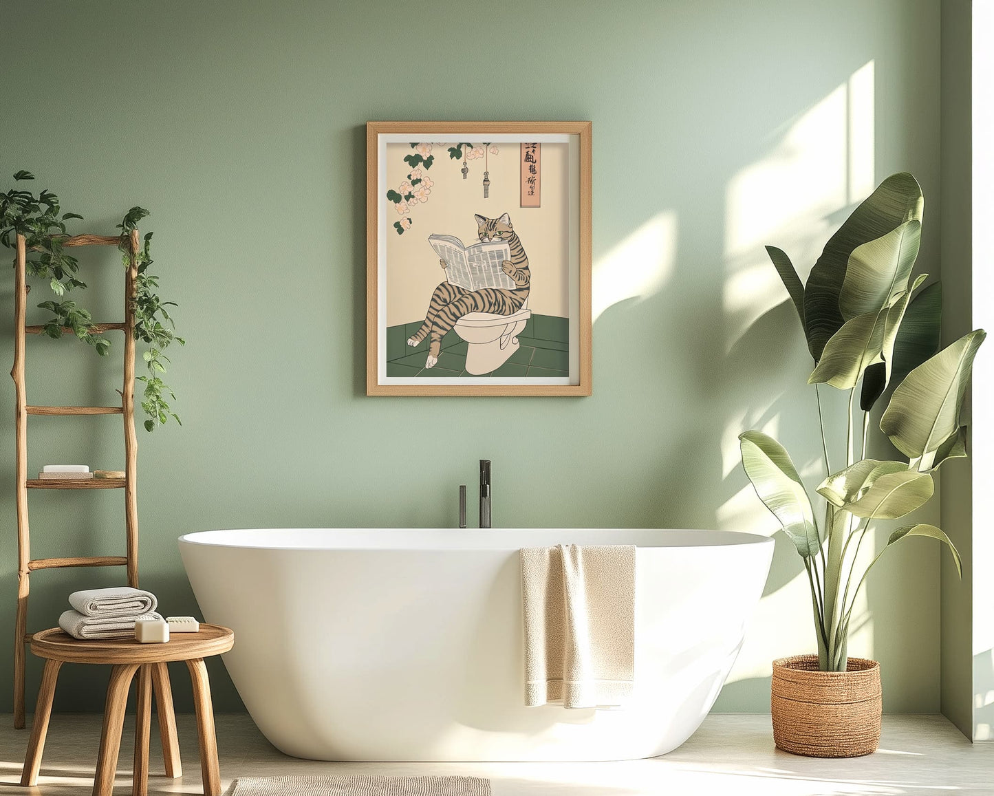 Minimalist bathroom print with a tabby cat poster