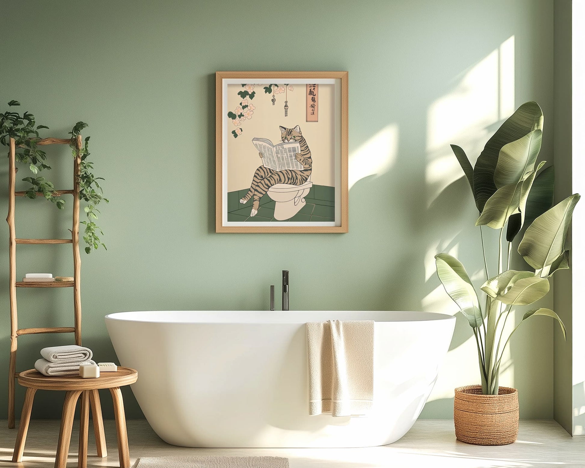 Minimalist bathroom print with a tabby cat poster