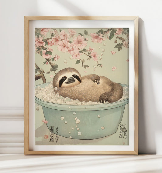 Sloth in bathtub print with Japandi aesthetic