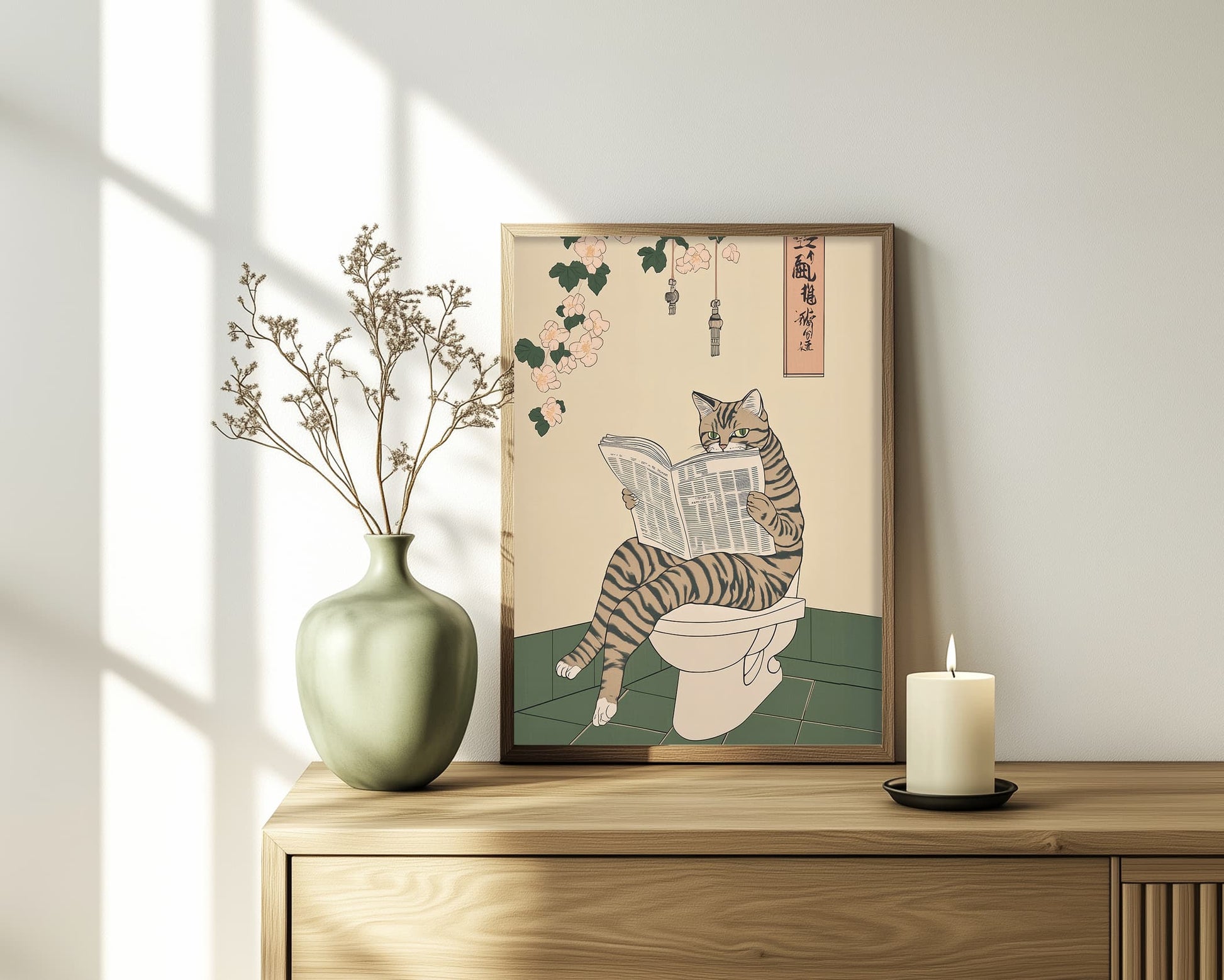Funny cat wall art with Japanese aesthetic style