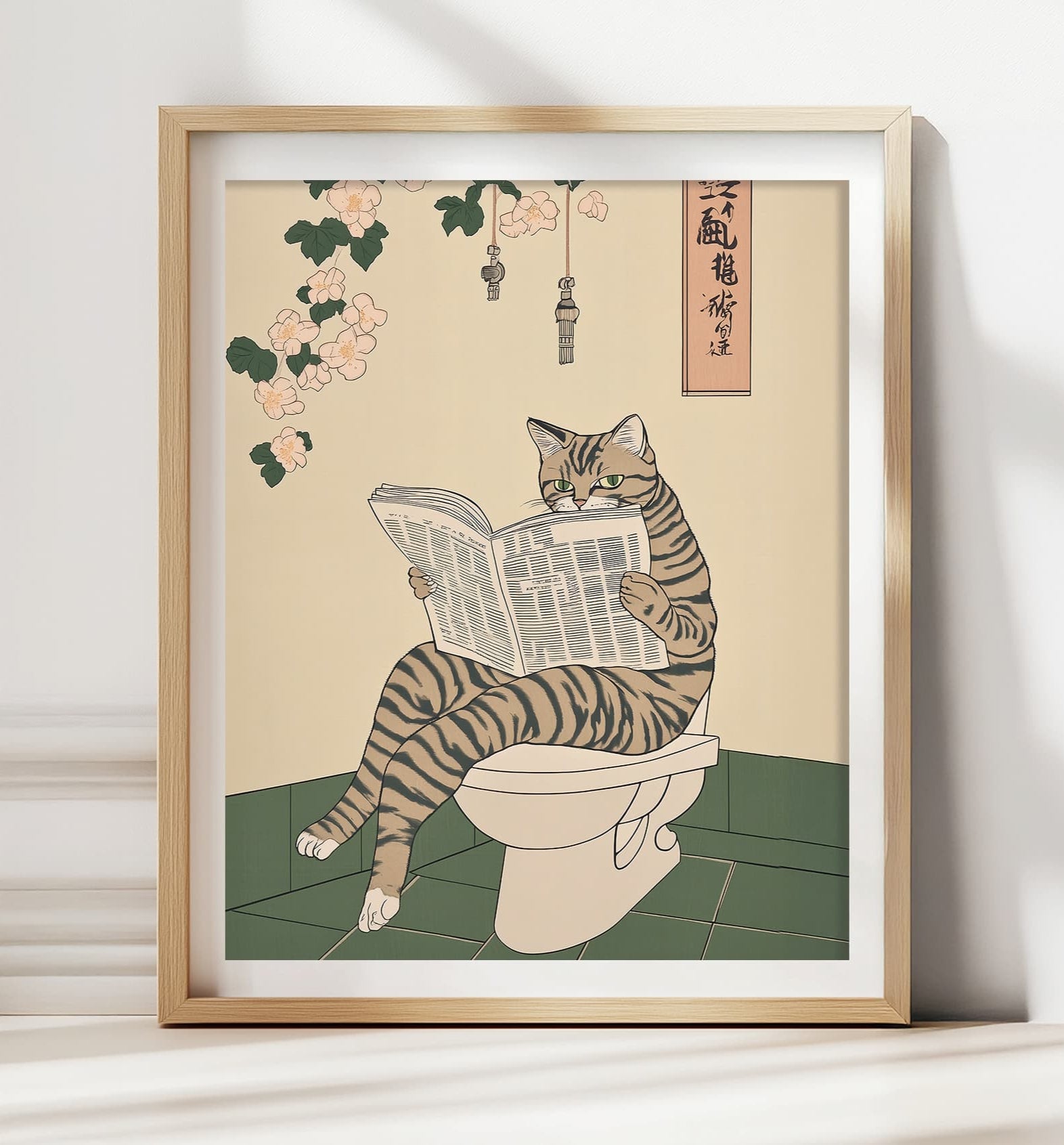 Tabby cat on a toilet in a minimalist Japanese print